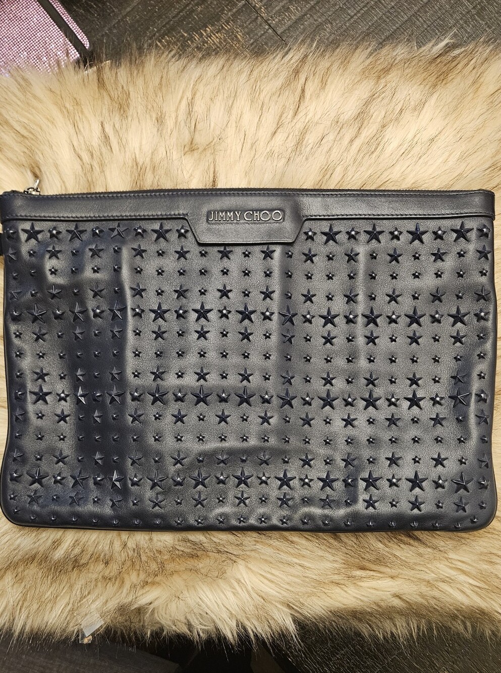 Jimmy Choo Black Star-Embossed Leather Large Clutch